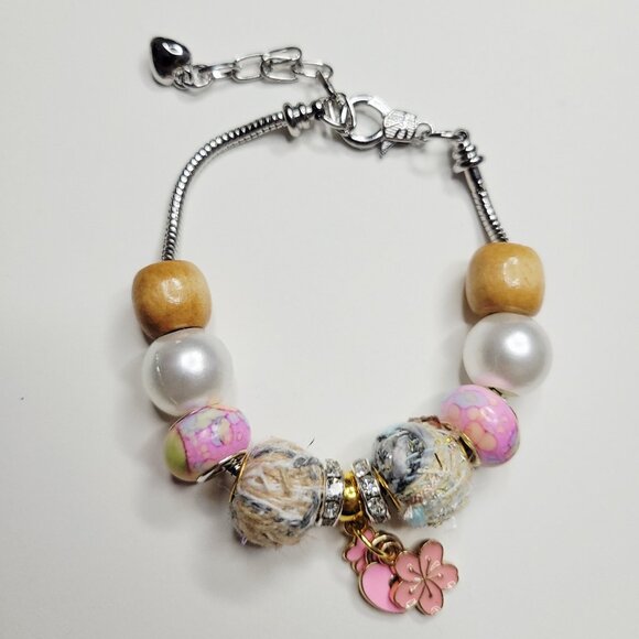 NWT Pandora Style Charm Bracelet Korean Yarn Pink Enameled Charms Wood Beads S/M - Picture 1 of 5